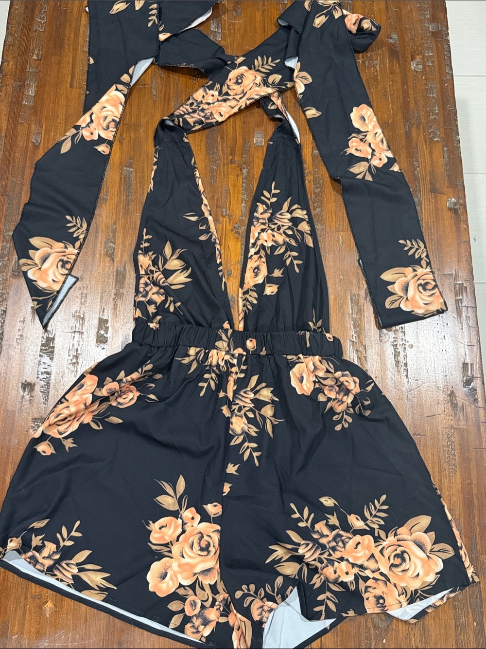 Black Floral Halter Romper with Peach Roses